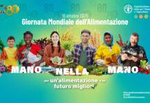 Locandina per la giornata mondiale dell'alimentazione FAO con persone da tutto il mondo e il tema "Mano nella mano"