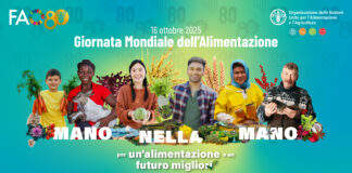 Locandina per la giornata mondiale dell'alimentazione FAO con persone da tutto il mondo e il tema "Mano nella mano"