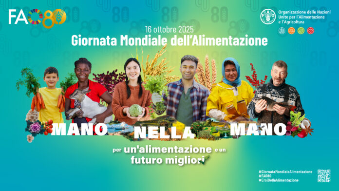 Locandina per la giornata mondiale dell'alimentazione FAO con persone da tutto il mondo e il tema 