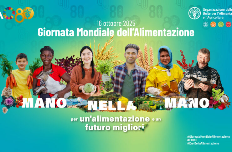 Locandina per la giornata mondiale dell'alimentazione FAO con persone da tutto il mondo e il tema "Mano nella mano"