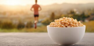 Piatto di pasta in primo piano e persona che corre in secondo piano