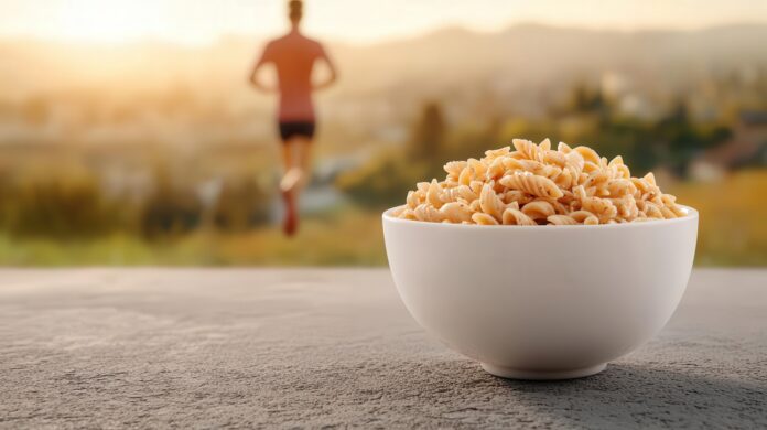 Piatto di pasta in primo piano e persona che corre in secondo piano