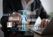 L’intelligenza artificiale negli sport di endurance: una rivoluzione per la nutrizione sportiva? Persona al computer e immagini di dati biometrici simulati