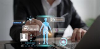 L’intelligenza artificiale negli sport di endurance: una rivoluzione per la nutrizione sportiva? Persona al computer e immagini di dati biometrici simulati