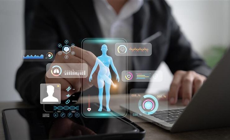 L’intelligenza artificiale negli sport di endurance: una rivoluzione per la nutrizione sportiva? Persona al computer e immagini di dati biometrici simulati