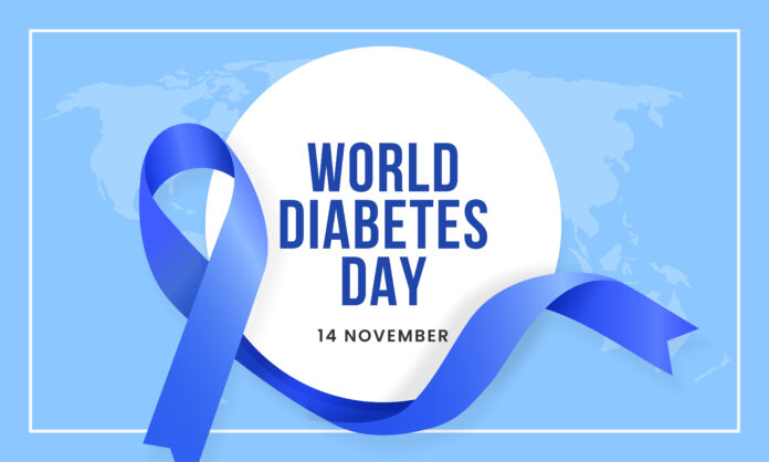 World diabetes day awareness poster banner background design with blue ribbon and circle badge on world map banner vector illustration Fiocco azzurro, colore della giornata mondiale del diabete