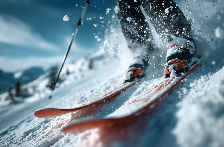 Dettaglio dinamico di una discesa con gli sci che alzano nuvole di neve in alta montagna.