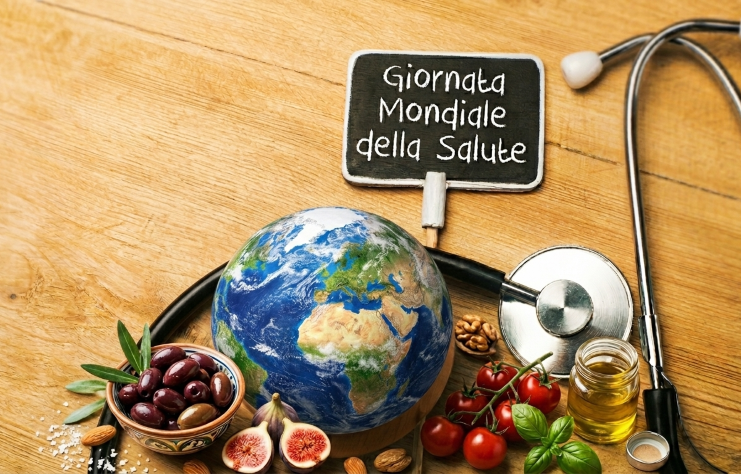cibi tipici della dieta mediterranea e una scritta: giornata mondiale della salute
