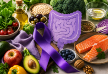 Vari alimenti su un tavolo insieme a un fiocco viola e un disegno dell'intestino.