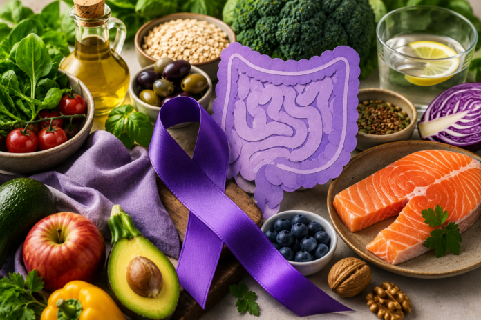 Vari alimenti su un tavolo insieme a un fiocco viola e un disegno dell'intestino.