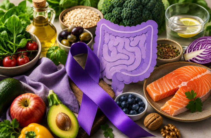 Giornata mondiale delle malattie infiammatorie croniche intestinali: approcci dietetici e gestione personalizzata Vari alimenti su un tavolo insieme a un fiocco viola e un disegno dell'intestino.
