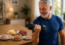 Proteine animali, longevità attiva e sarcopenia: nell’intervento della Dott.ssa Elisabetta Bernardi al 20° Forum di Nutrizione Pratica Uomo che si allena a casa con fonti di proteine animali nello sfondo