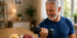 Proteine animali, longevità attiva e sarcopenia: nell’intervento della Dott.ssa Elisabetta Bernardi al 20° Forum di Nutrizione Pratica Uomo che si allena a casa con fonti di proteine animali nello sfondo