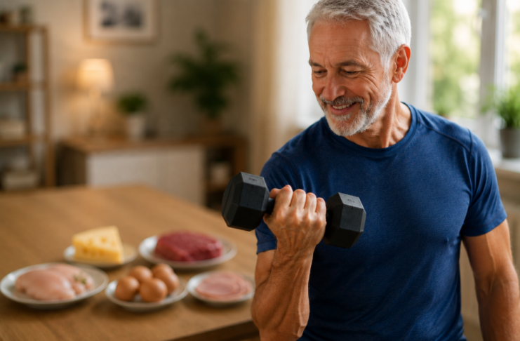 Proteine animali, longevità attiva e sarcopenia: nell’intervento della Dott.ssa Elisabetta Bernardi al 20° Forum di Nutrizione Pratica Uomo che si allena a casa con fonti di proteine animali nello sfondo